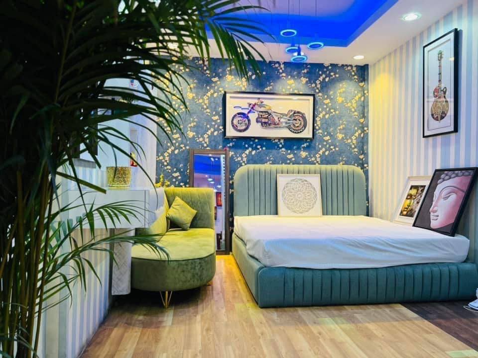 modern strip lights bed room design in nepal