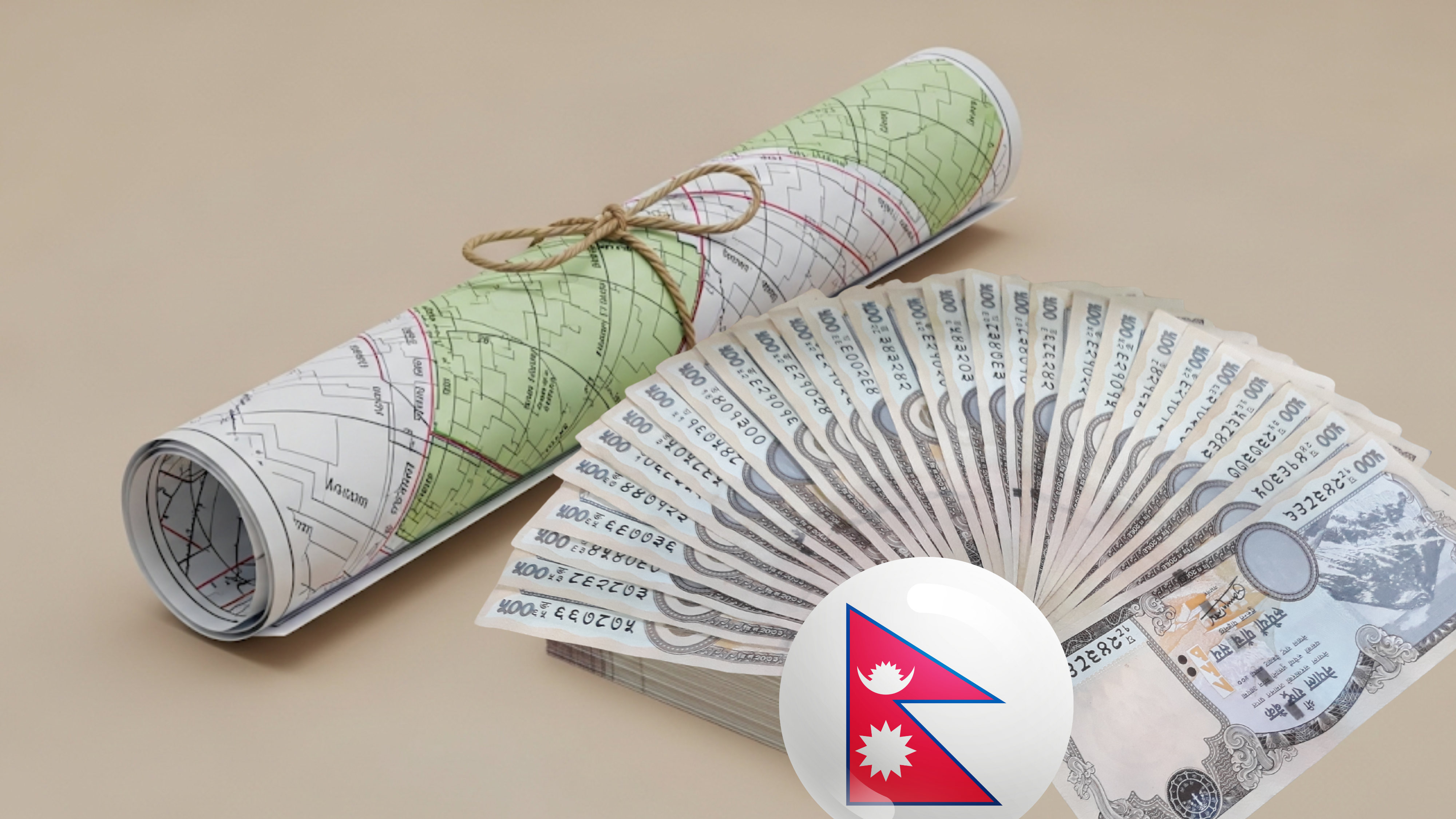 This photo captures the theme of calculating the costs associated with a land survey, showing a map, a calculator, and Nepali currency.