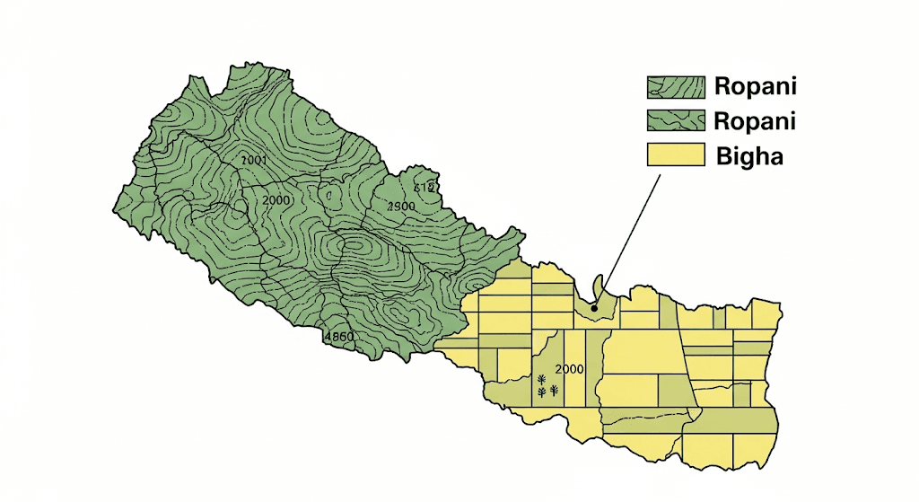 This abstract image visually represents the different land division systems in the hilly and Terai regions of Nepal.