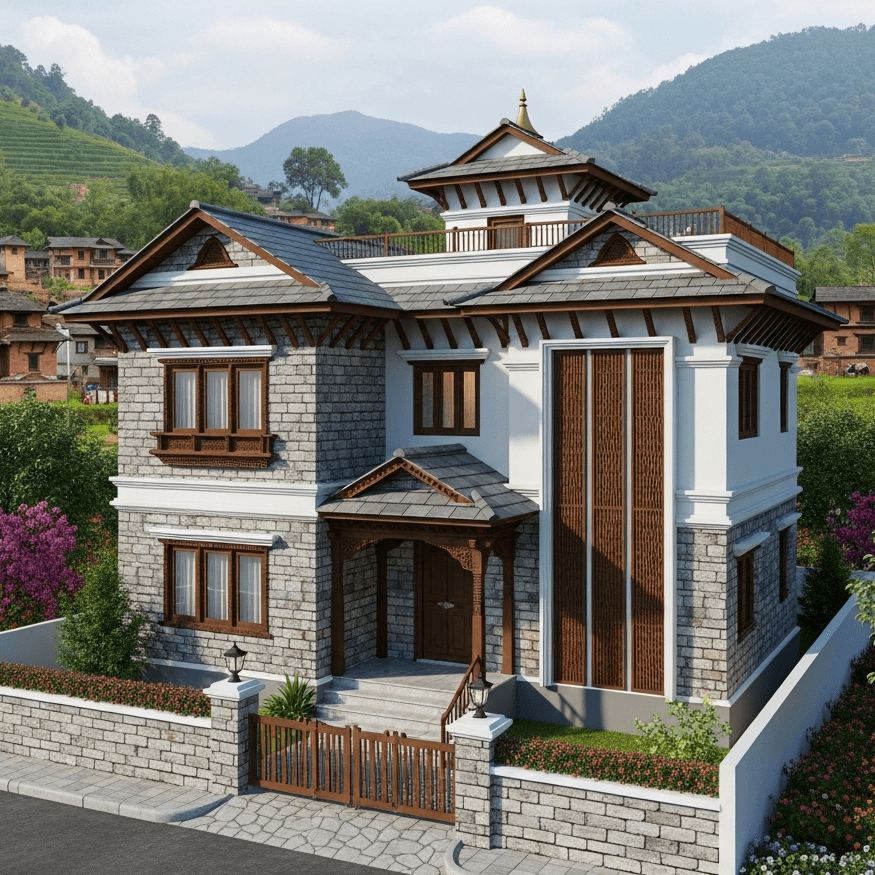 Simple two storey house design with floor plan in Kathmandu, Nepal.