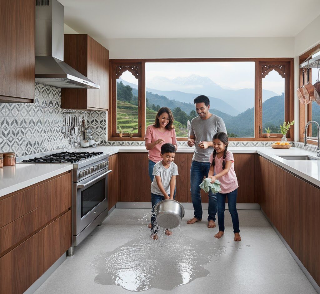 Waterproof SPC flooring in Nepal kitchen perfect for monsoon season