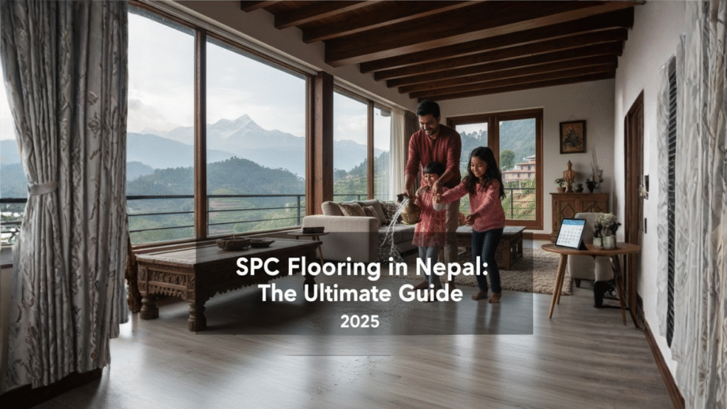 SPC flooring installation in modern Nepal living room with wood-look planks