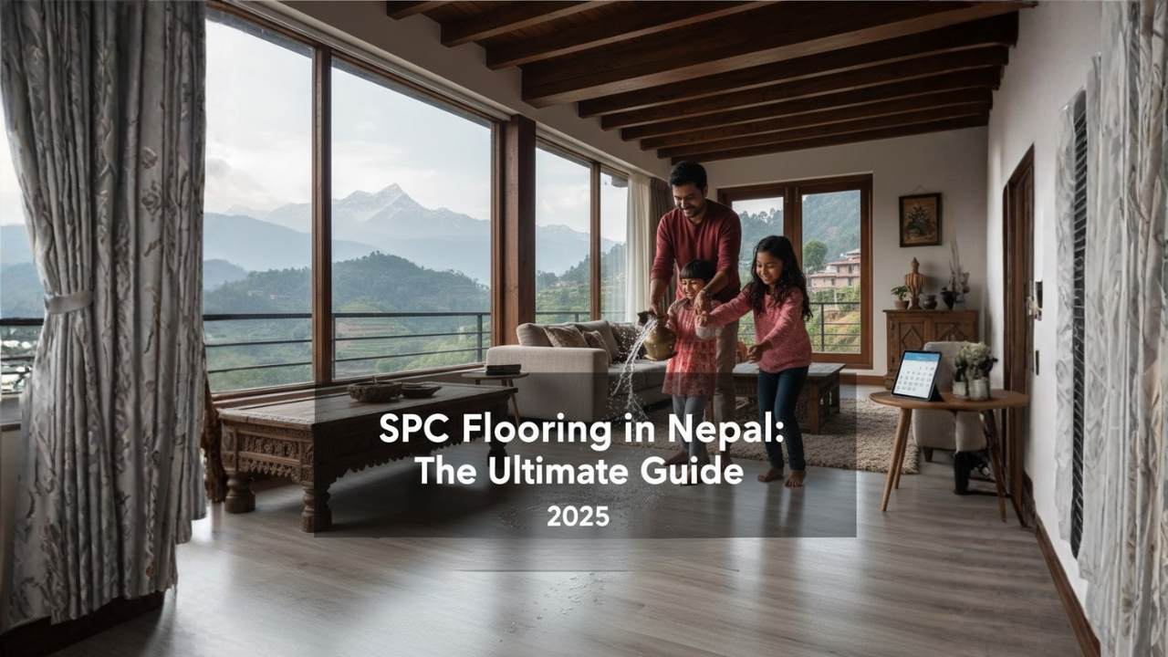 SPC flooring installation in modern Nepal living room with wood-look planks