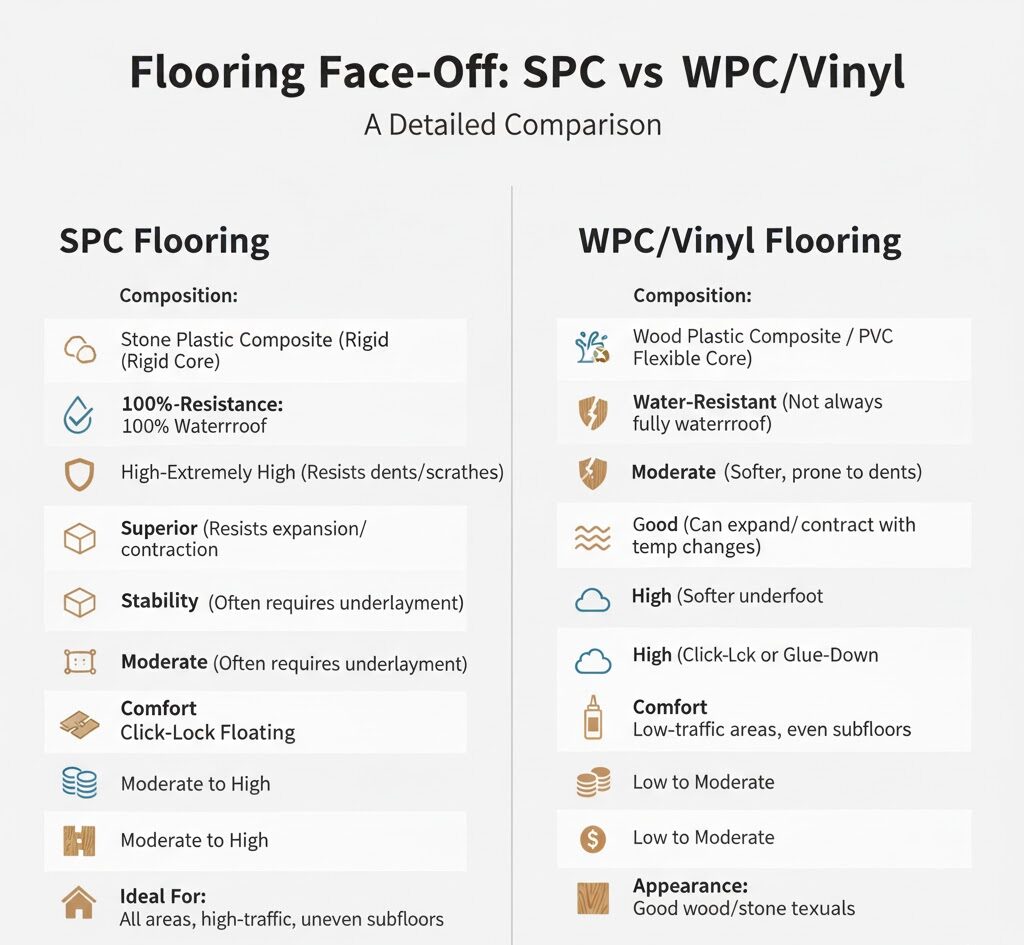 SPC flooring vs vinyl flooring comparison chart showing durability and price differences