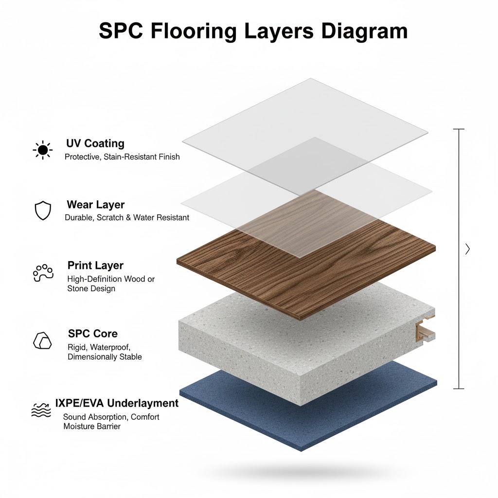 SPC flooring layer structure showing wear layer, vinyl layer, stone plastic core, and underlayment