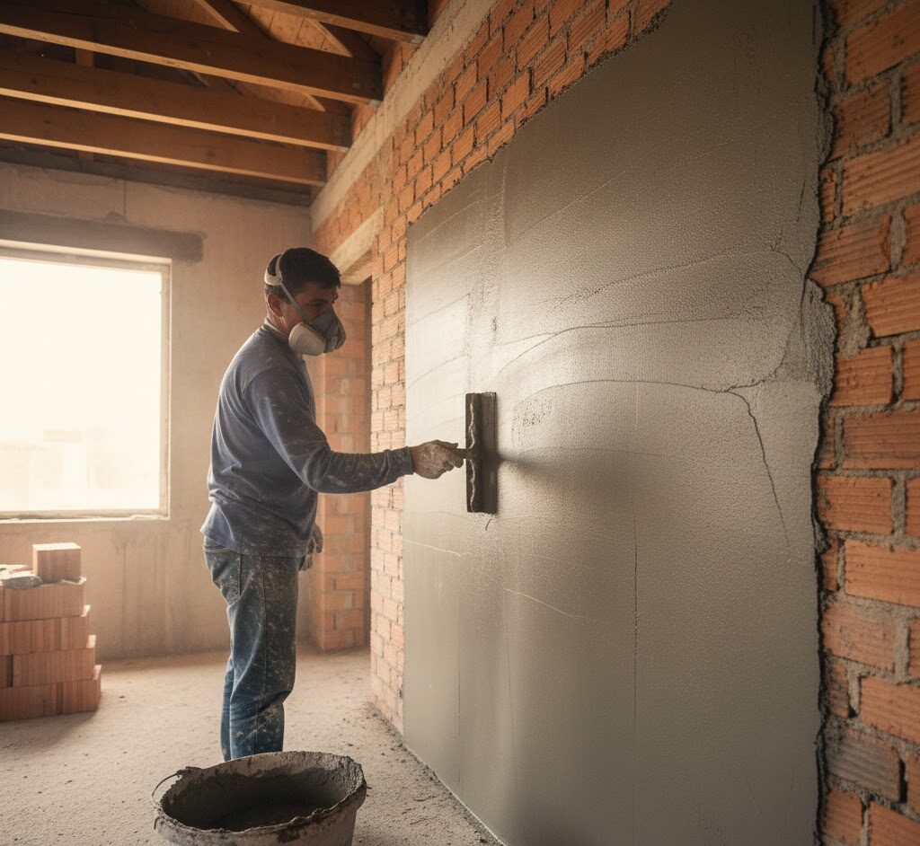 Worker applying PPC cement plaster on wall showing superior workability