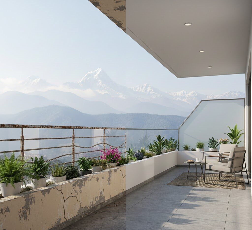 Before and after parapet wall renovation showing improvement in safety and design