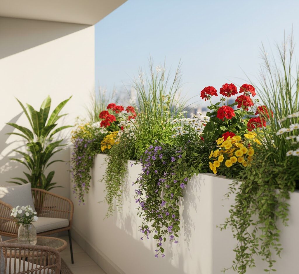 Parapet wall with integrated planters for balcony gardening