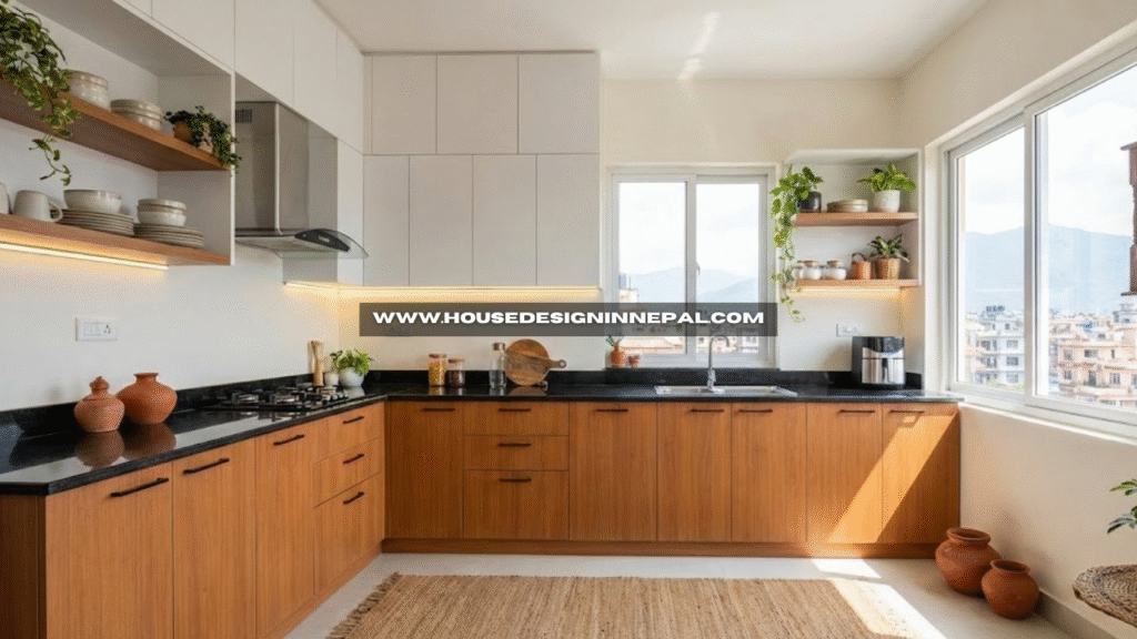 Modern modular kitchen design in Nepal with L-shaped layout and granite countertop
