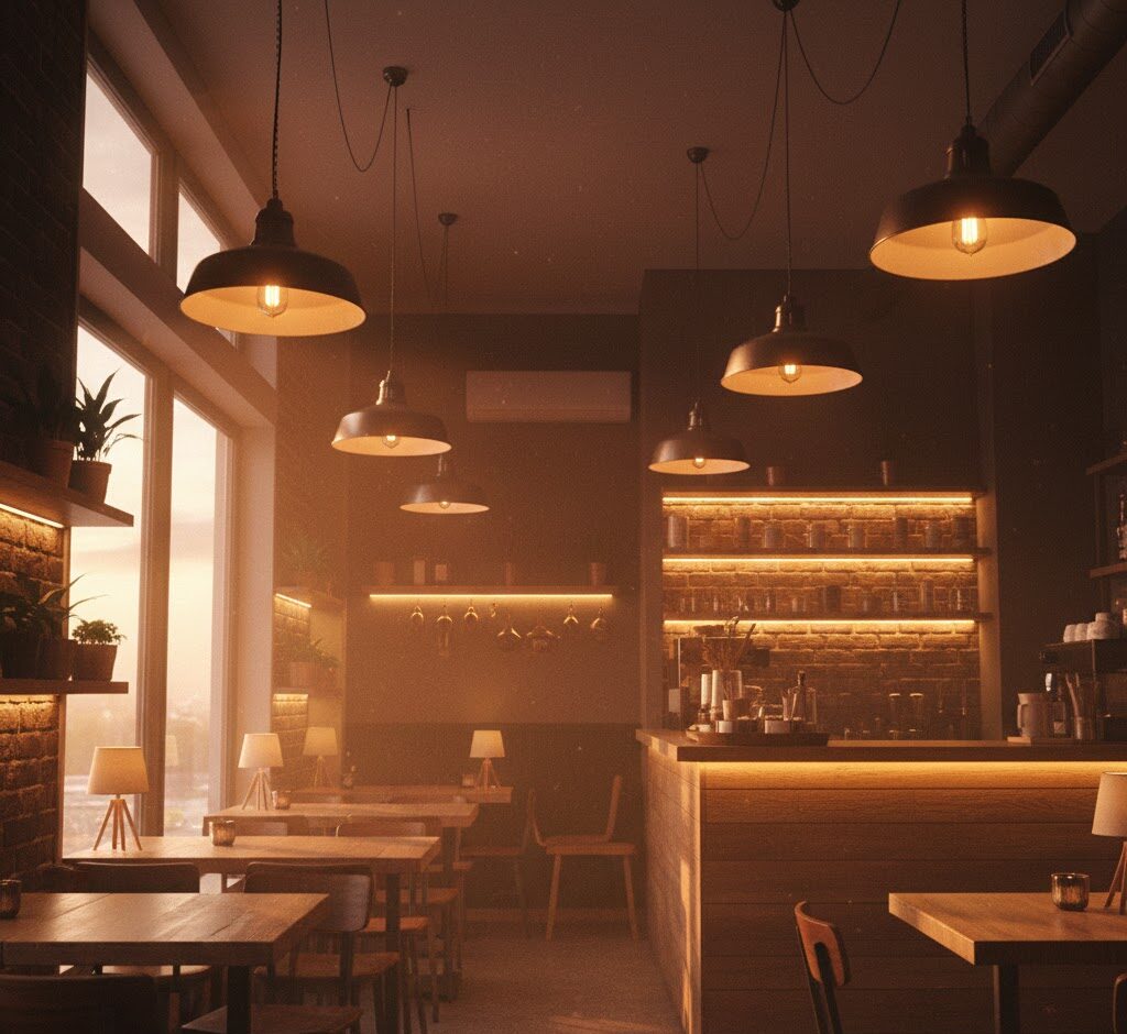 Affordable lighting ideas for small café showing layered ambient, task, and accent lighting
