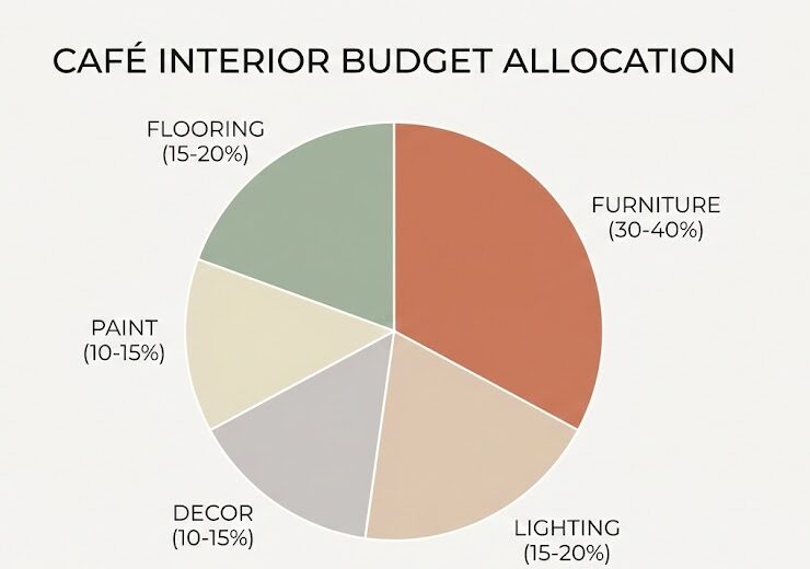 Budget allocation pie chart for small café interior design showing percentage breakdown by category
