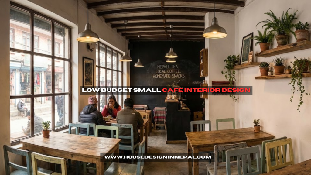 Low budget small café interior design with natural lighting, minimalist furniture, and affordable décor in Nepal