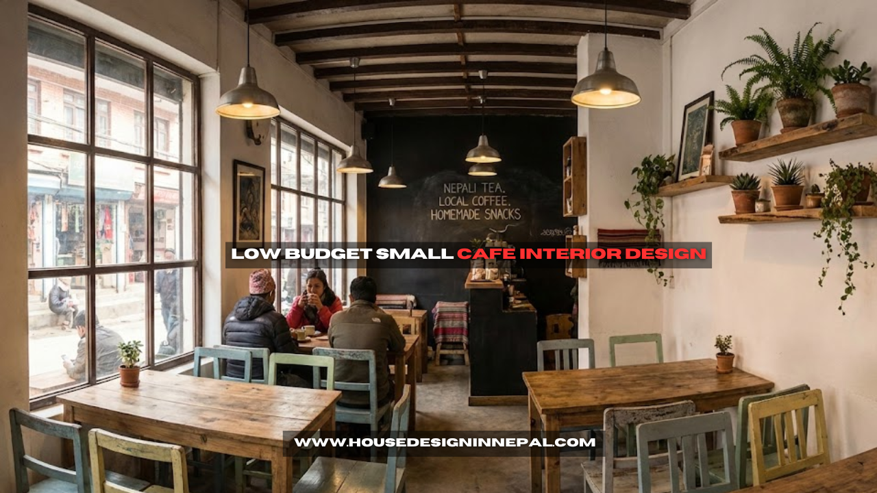 Low budget small café interior design with natural lighting, minimalist furniture, and affordable décor in Nepal