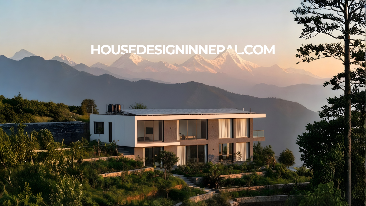 Modern house design in Nepal with Himalayan mountain backdrop and earthquake-resistant structure