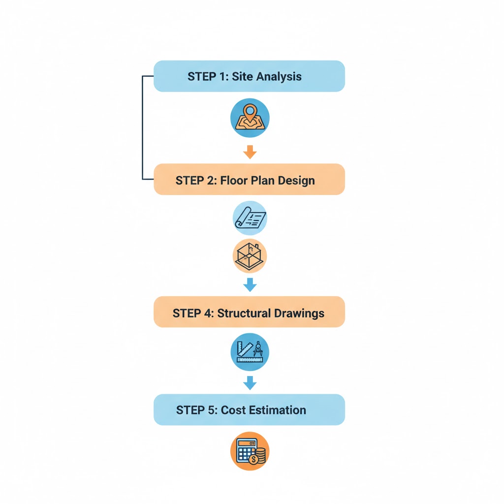 Nepal house design process flowchart from site analysis to cost estimation