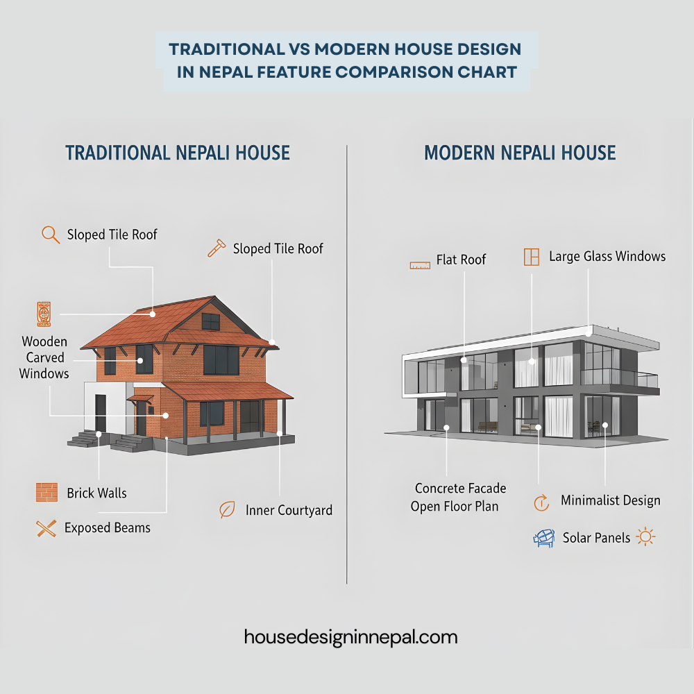 Traditional vs modern house design in Nepal feature comparison chart
